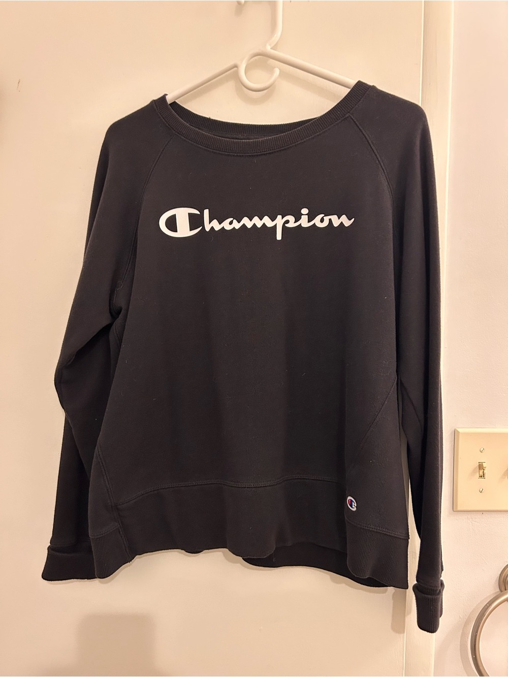 Champion Black Crew Sweatshirt with White Script Logo
